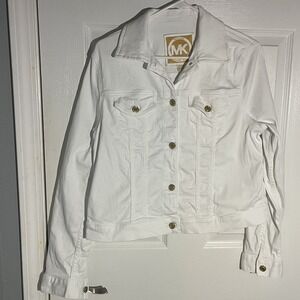 Michael Kors White Denim Jacket Womens Size L Button Front Stretch Jean Coat